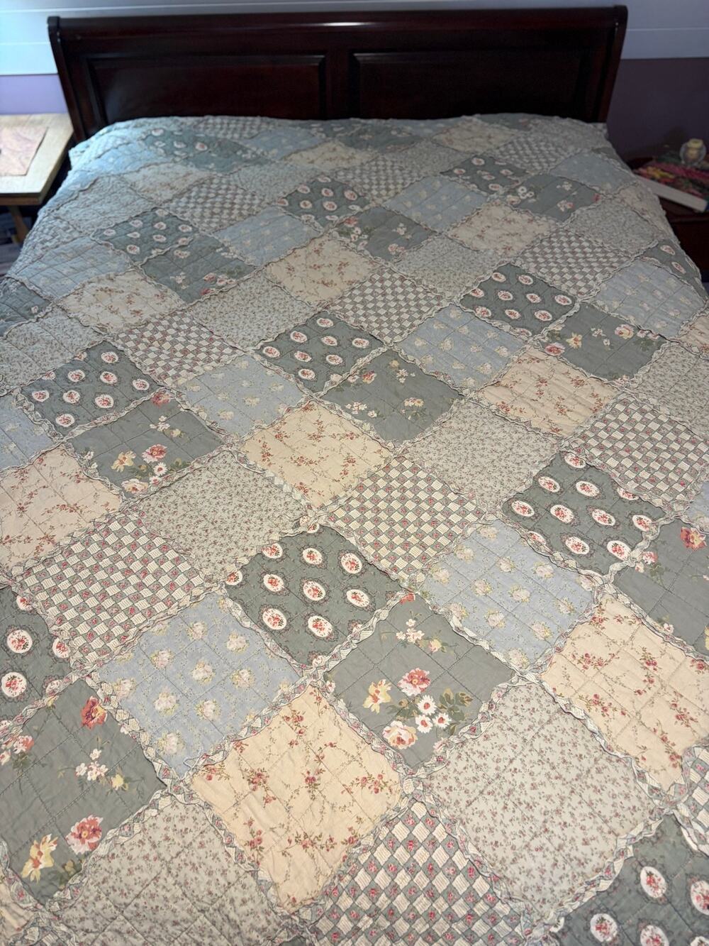 Vintage Cottage Style Patchwork Quilt Mix Florals Sage Green Squares King Size